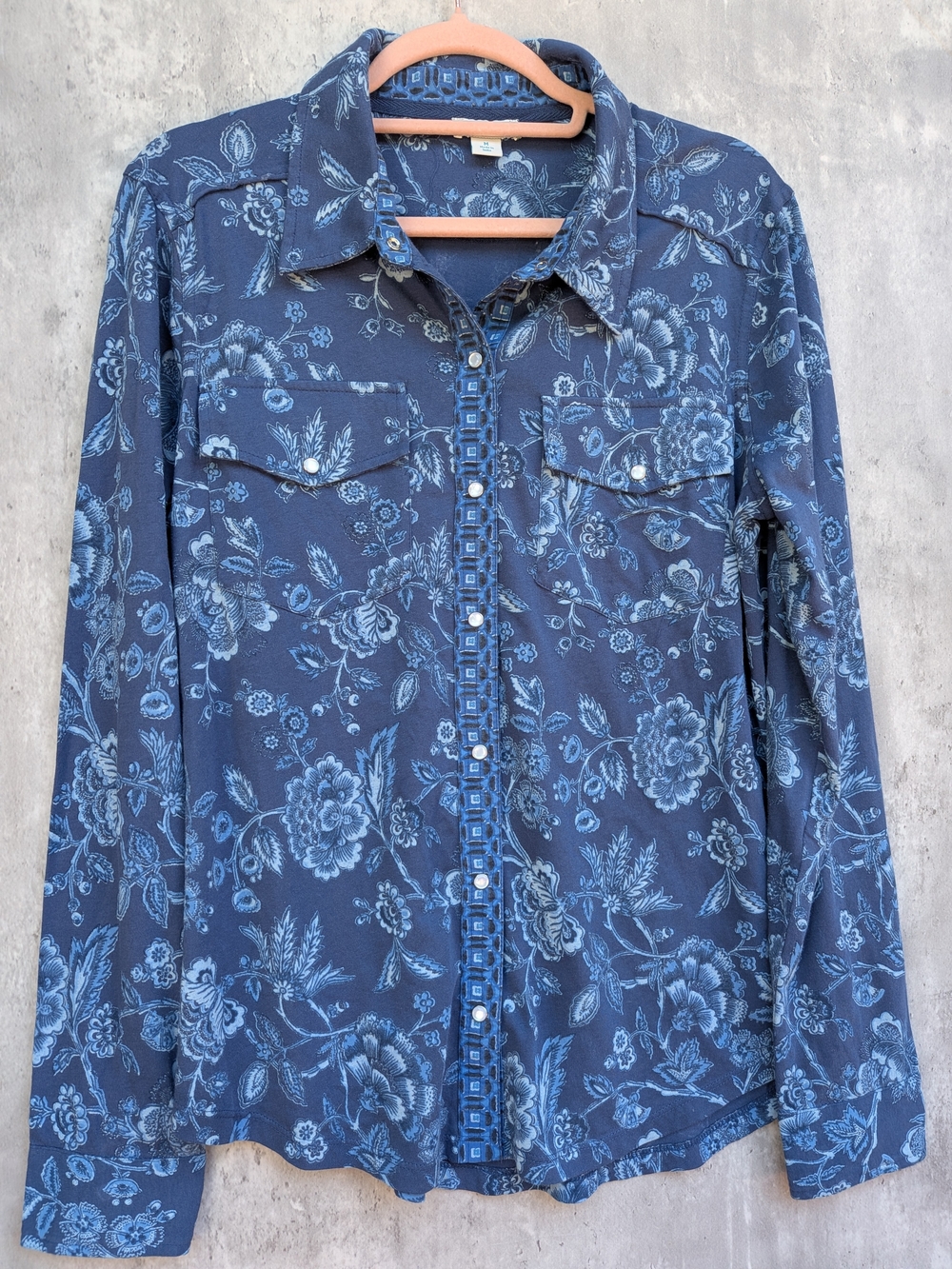 Sundance Boho Western Blue Floral Pearl Snap Shirt Medium